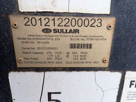 USED 2012 SULLAIR 375HH AIR COMPRESSOR EQUIPMENT #13933-5