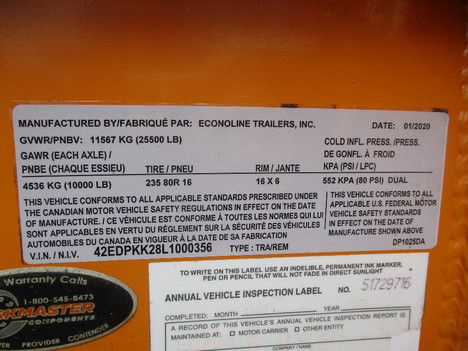 USED 2020 ECONOLINE DP1025DA EQUIPMENT TRAILER #12374-4