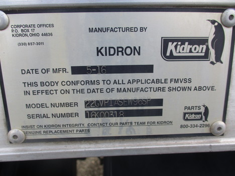 USED 2016 KIDRON 22 FT REEFER BODY TRUCK BODY #12590-5